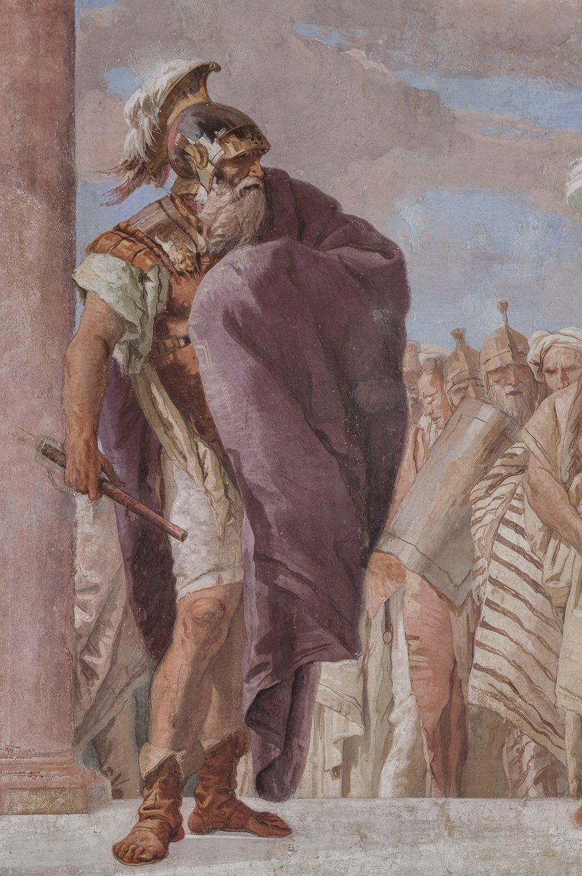 Palazzina: Ansicht des ersten Raums und seiner Fresken aus der Ilias: Athene hindert Achill daran, sein Schwert gegen Agamemnon zu ziehen (Detail von König Agamemnon) von Giovanni Battista Tiepolo