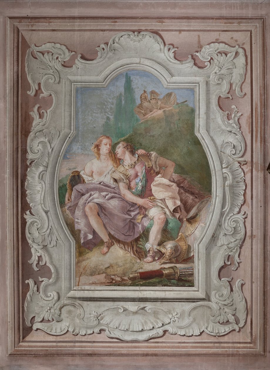 Palazzina (Kleines Gebäude): Ansicht des vierten Raums oder von Torquato Tasso, mit Fresken, die Episoden aus "Das befreite Jerusalem" darstellen: "Rinaldo und Armida im verzauberten Garten, heimlich beobachtet von Ubaldo und Carlo" von Giovanni Battista Tiepolo