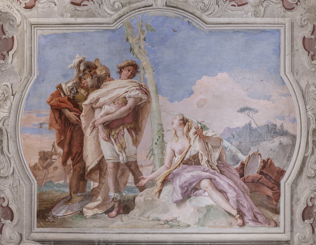 Palazzina (Kleines Gebäude): Ansicht des vierten Raums oder von Torquato Tasso, mit Fresken, die Episoden aus "Das befreite Jerusalem" darstellen: "Rinaldo, begleitet von Ubaldo und Carlo, verlässt Armida" von Giovanni Battista Tiepolo