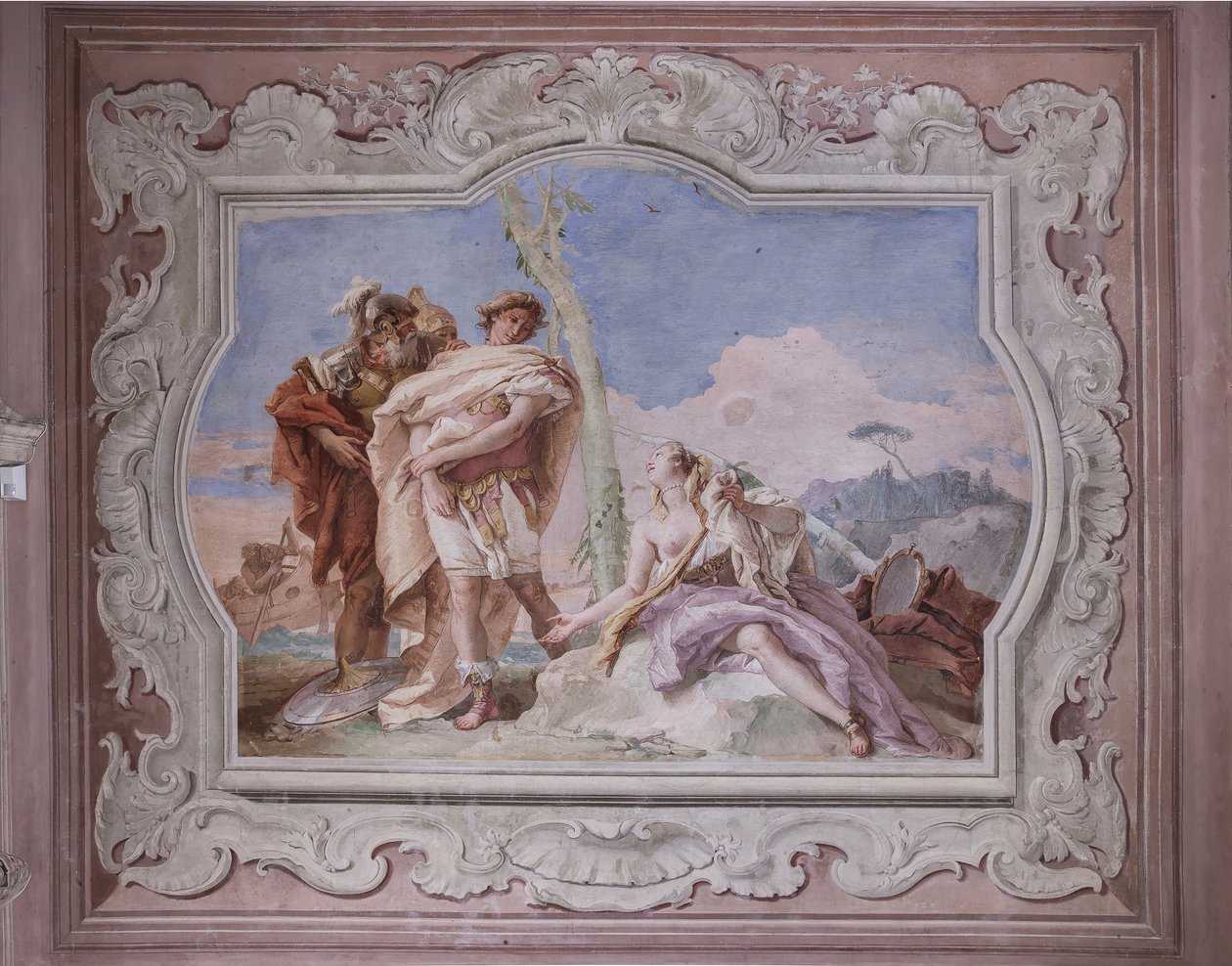 Palazzina (Kleines Gebäude): Ansicht des vierten Raums oder von Torquato Tasso, mit Fresken, die Episoden aus "Das befreite Jerusalem" darstellen: "Rinaldo, begleitet von Ubaldo und Carlo, verlässt Armida" von Giovanni Battista Tiepolo