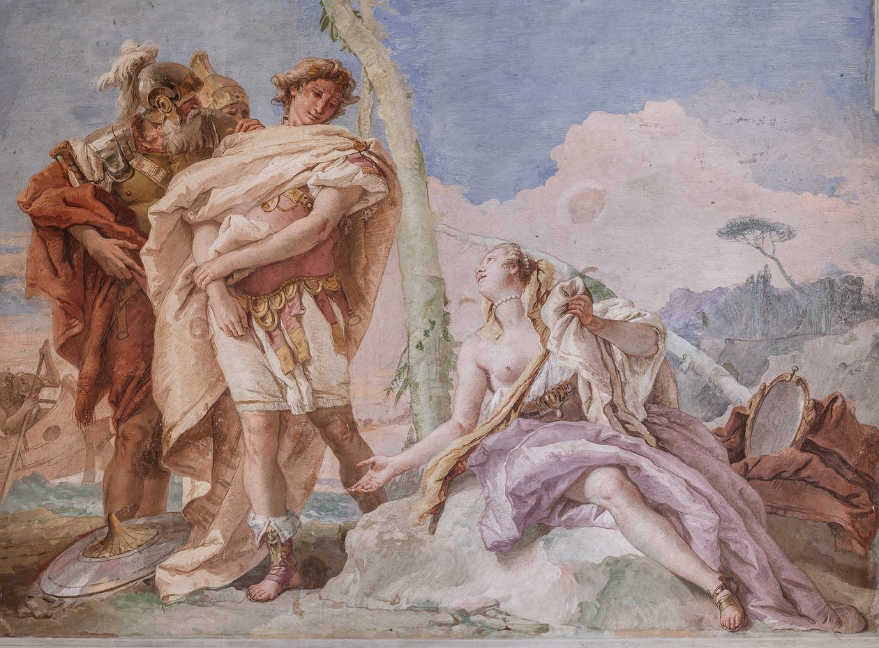 Palazzina (Kleines Gebäude): Ansicht des vierten Raums oder des Raums von Torquato Tasso mit Fresken, die Episoden aus "Das befreite Jerusalem" darstellen: "Rinaldo, begleitet von Ubaldo und Carlo, verlässt Armida" von Giovanni Battista Tiepolo