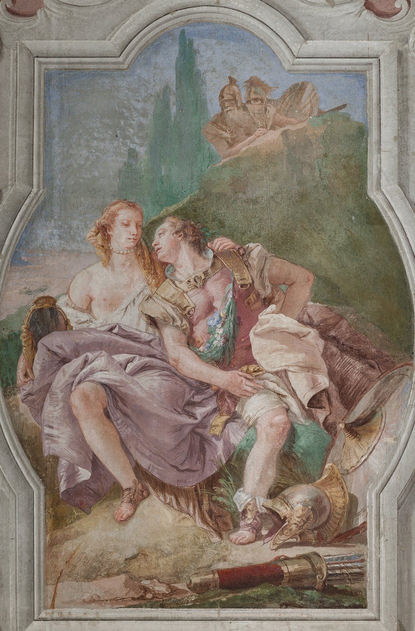 Palazzina (kleines Gebäude): Blick auf den vierten Raum oder von Torquato Tasso, mit Fresken, die Episoden aus "Das befreite Jerusalem" darstellen: "Rinaldo und Armida im verzauberten Garten, heimlich beobachtet von Ubaldo und Carlo" von Giovanni Battista Tiepolo