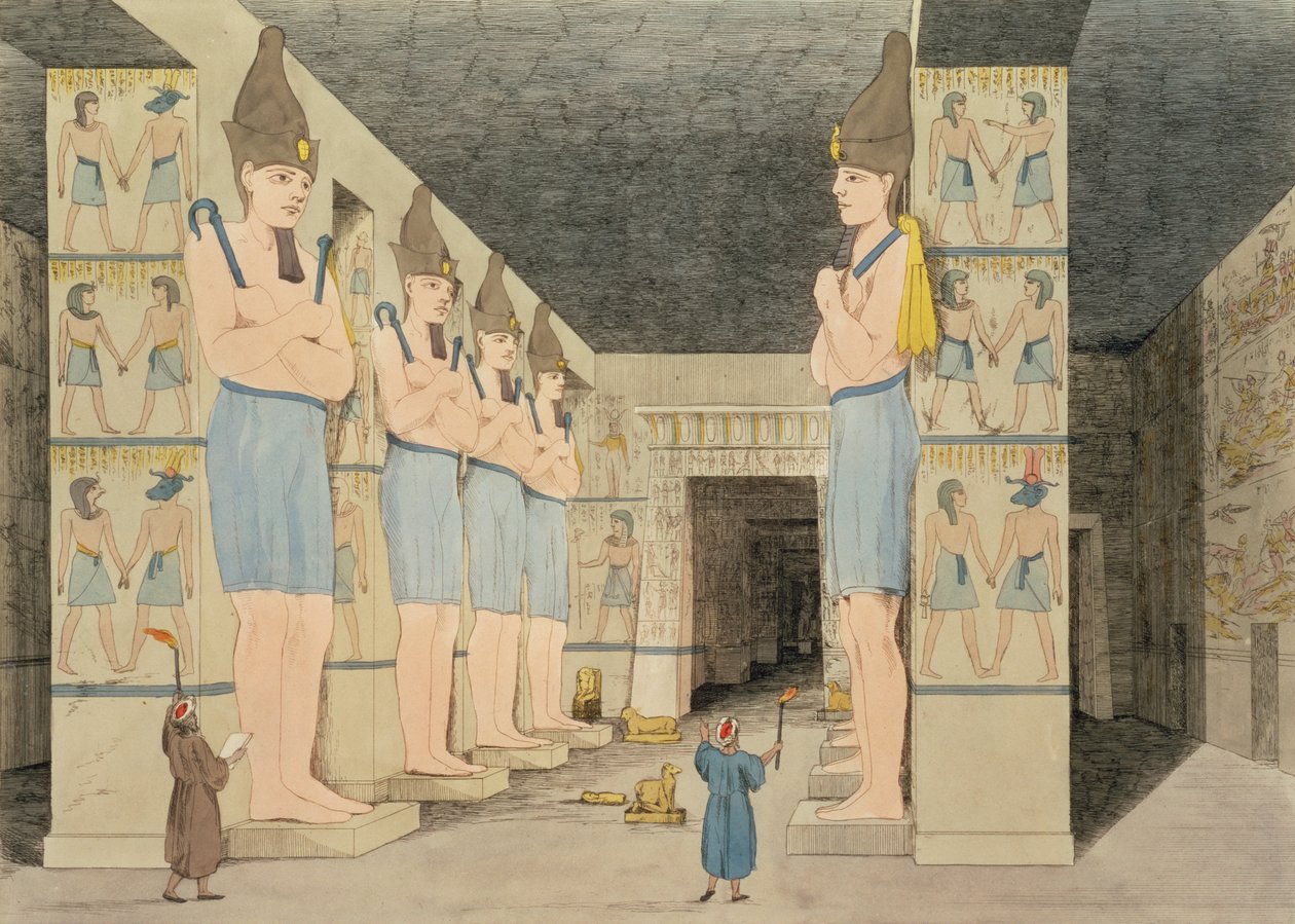 Ansicht des Inneren des Tempels von Ybsombul, Nubien, entdeckt von Giovanni Belzoni, graviert von Augustine Aglio, Platte 48 aus 