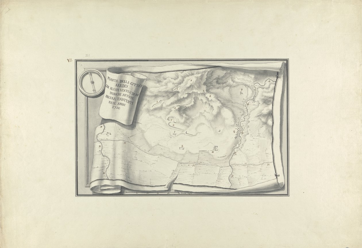 Plan der Ruinen von Sardis mit Überresten antiker Gebäude, um 1750 von Giovanni Battista Borra