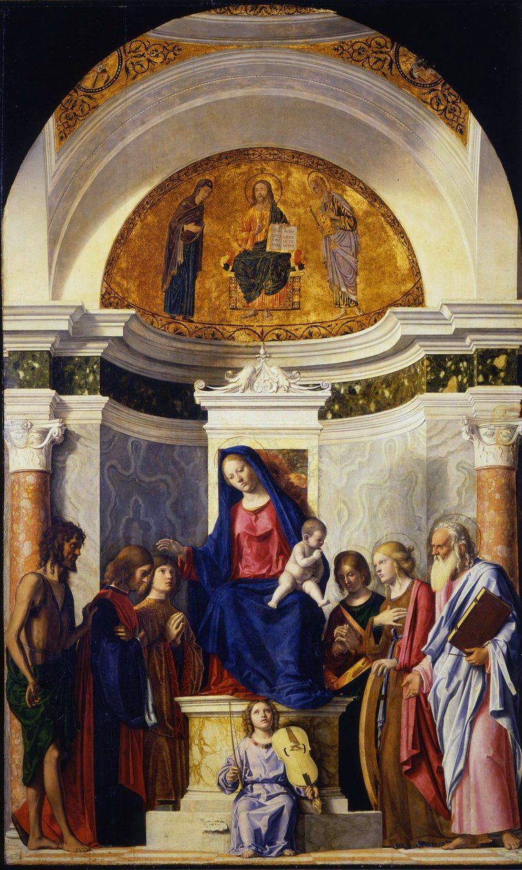 Jungfrau und Kind mit den Heiligen Johannes dem Täufer, Cosmas und Damian, Katharina und Paulus, ca. 1506-1507 von Giovanni Battista Cima da Conegliano