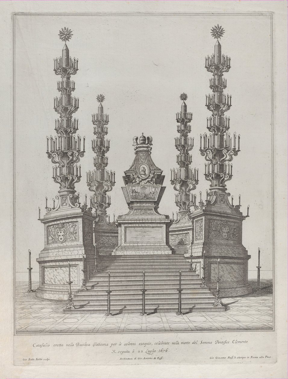 Katafalk für Papst Clemens X.: eine zentrale Struktur auf einer 15-stufigen Plattform, 1676 von Giovanni Battista Falda