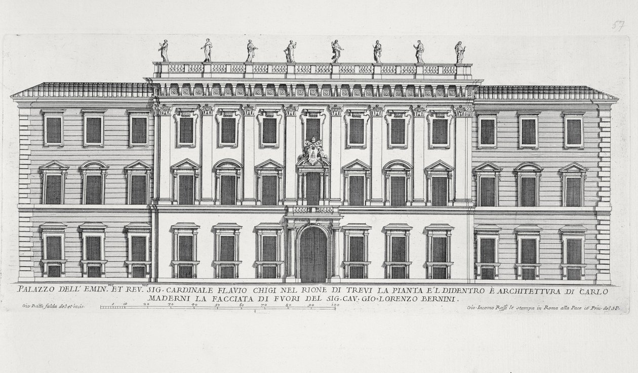 Ansicht der Fassade des Palazzo Chigi, Rom, entworfen von Matteo di Castello, Carlo Maderno (1556-1629) und Giovanni Bernini (1598-1680) von Giovanni Battista Falda