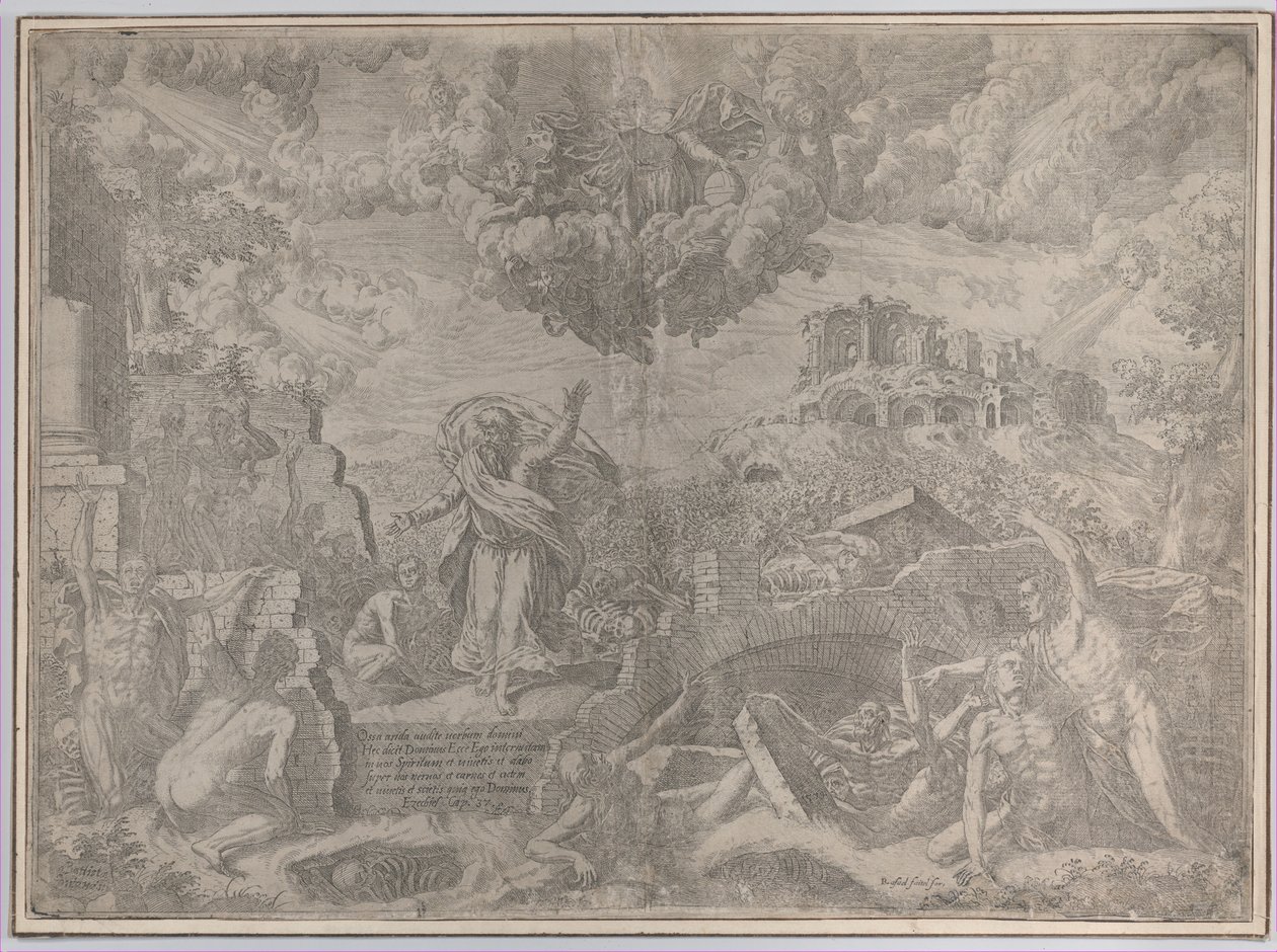 Die Vision von Ezechiel, mit den Toten, die auferstehen und ihr Fleisch anlegen, Gott der Vater oben, 1579 von Giovanni Battista Fontana