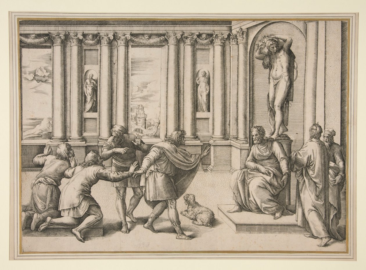 Mann sitzt unter einer Statue des Bacchus und empfängt eine Audienz von Giovanni Battista Franco (called Il Semolei)