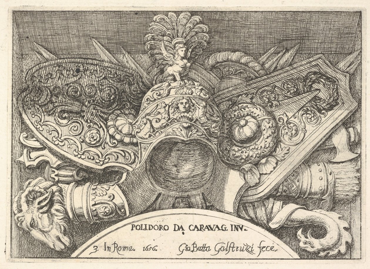 Platte 3: Trophäen römischer Waffen aus Dekorationen über den Fenstern im zweiten Stock ..., 1656 von Giovanni Battista Galestruzzi