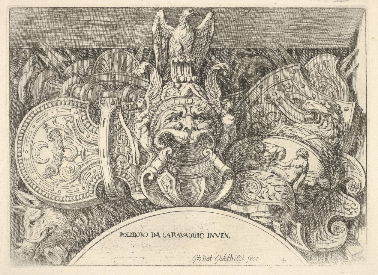 Tafel 4: Trophäen römischer Waffen von Dekorationen über den Fenstern im zweiten Stock, 1656-58 von Giovanni Battista Galestruzzi