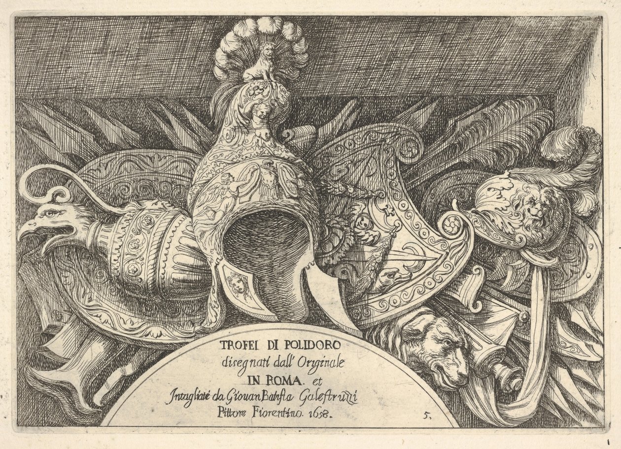 Trophäen römischer Waffen von Dekorationen über den Fenstern im zweiten Stock, 1658 von Giovanni Battista Galestruzzi