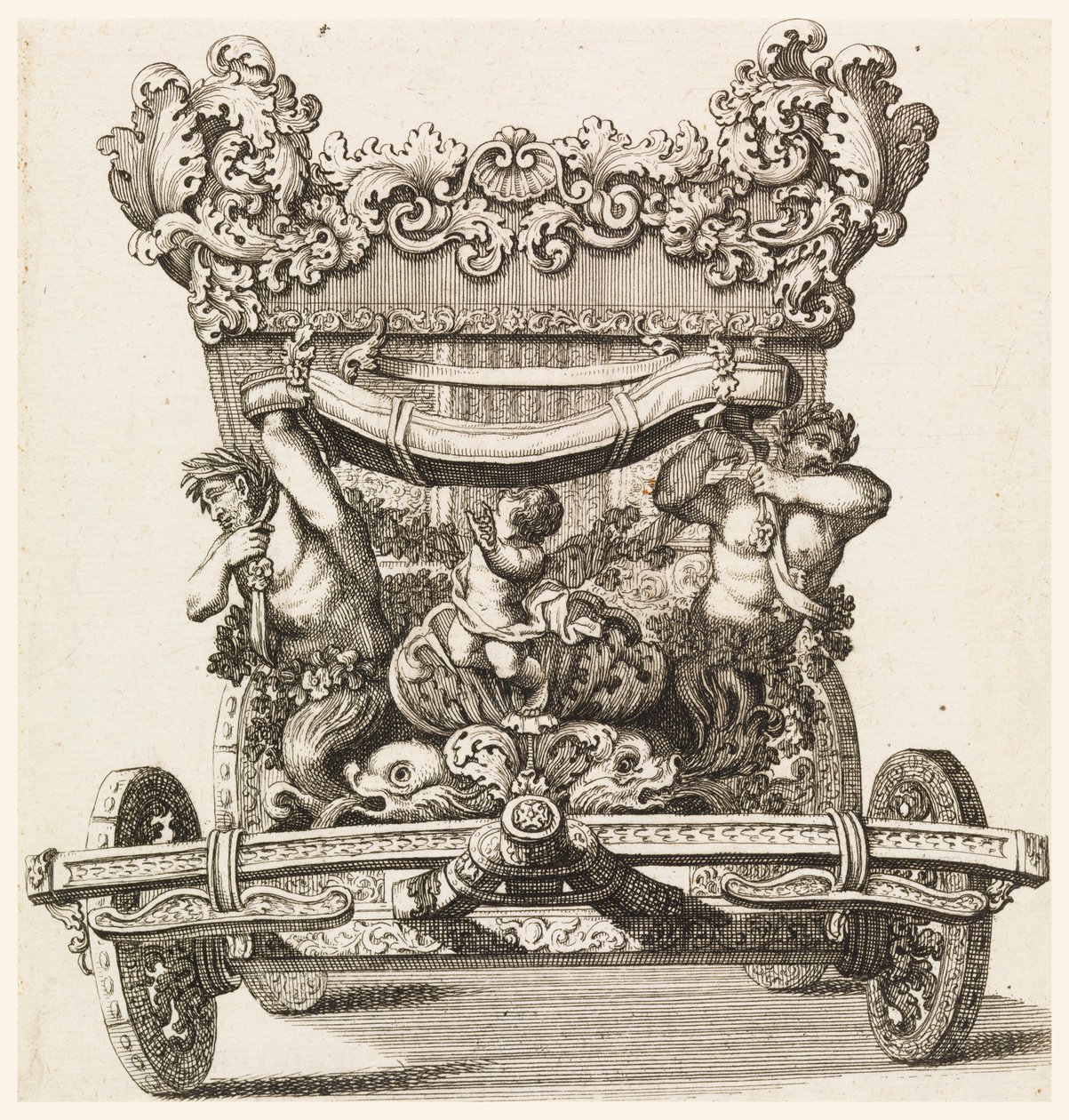 Vorderansicht der ersten Kutsche (1686 von Lord Castlemaine von Andrea Cornelly nach Ciro Ferri, 1687-1700 von Giovanni Battista Lenardi