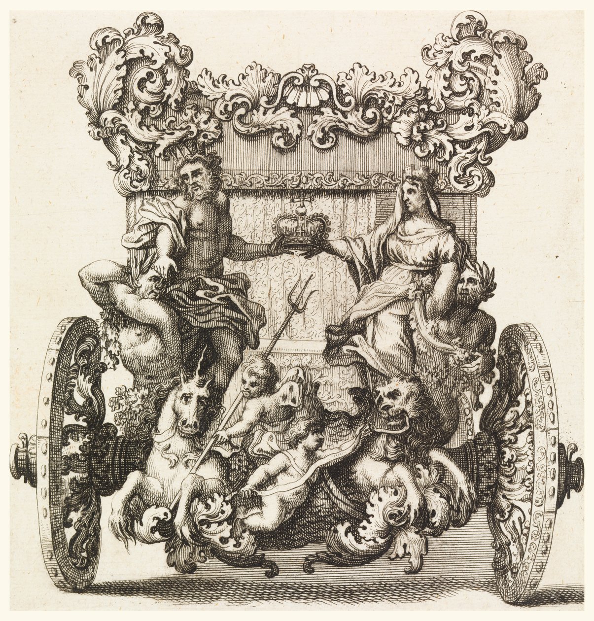 Rückansicht der ersten Kutsche von Lord Catelmaine, gebaut 1686 von Andrea Cornely nach Ciro Ferri (1634-1689) von Giovanni Battista Lenardi
