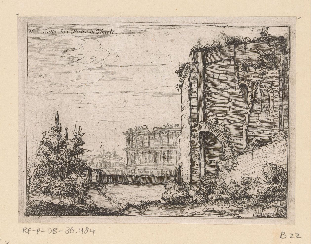 Ruinen eines antiken Bauwerks und das Kolosseum in Rom von Giovanni Battista Mercati