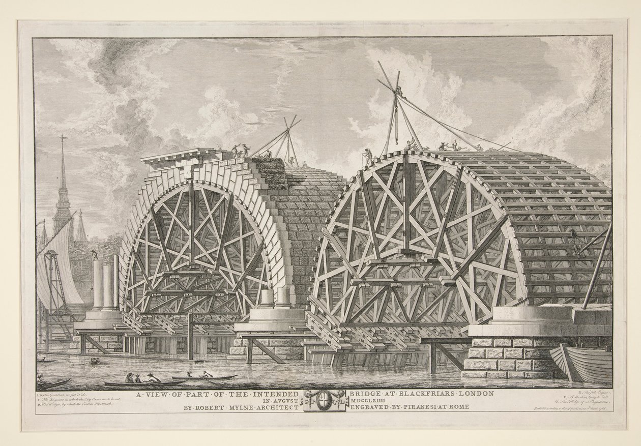 Ansicht eines Teils der geplanten Brücke bei Blackfriars, London, im August 1764 von Robert Mylne, Architekt, graviert von Piranesi in Rom von Giovanni Battista Piranesi