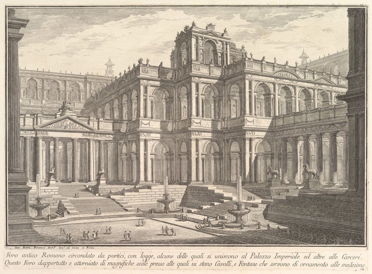 Antikes römisches Forum, umgeben von Portiken, mit Loggien, von denen einige kommunizieren w..., ca. 1750 von Giovanni Battista Piranesi