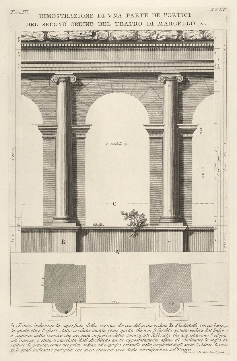 Aufriss und Plan des Portikus zweiter Ordnung am Theater von Marcellus von Giovanni Battista Piranesi