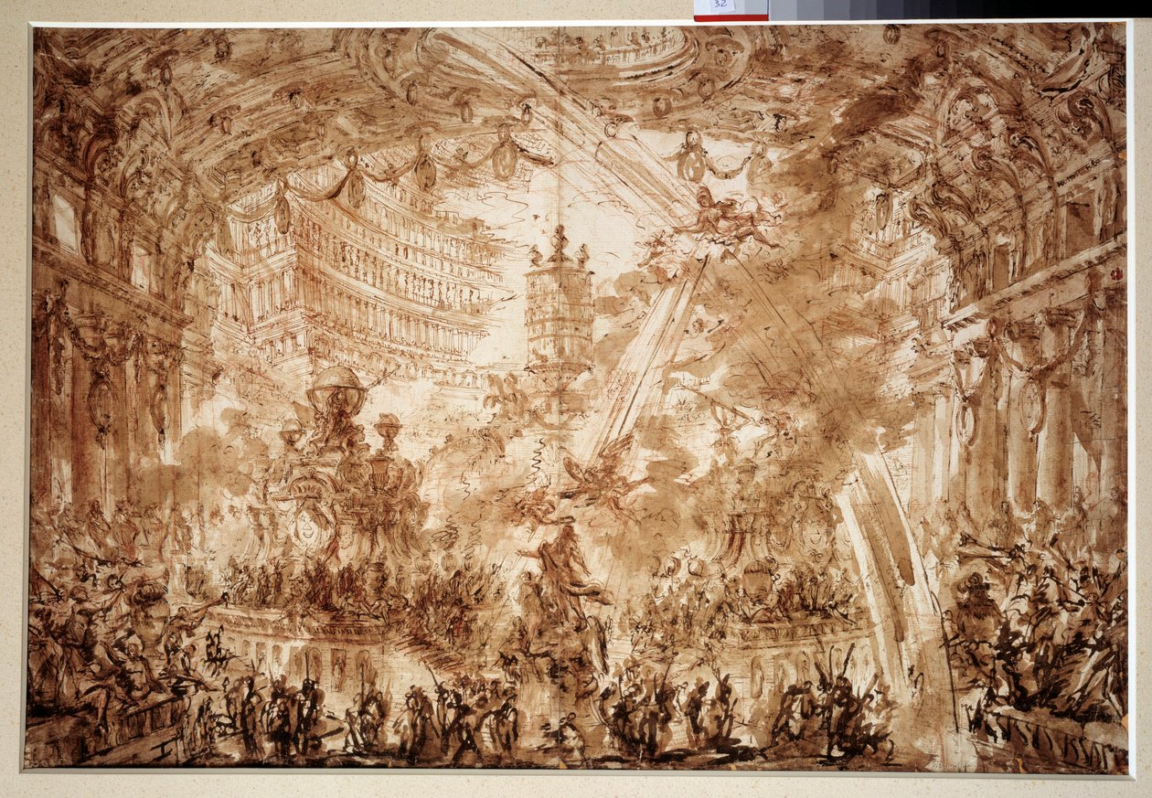 Innerhalb eines Palastes: zwei fliegende Renames krönen eine Figur von Giovanni Battista Piranesi