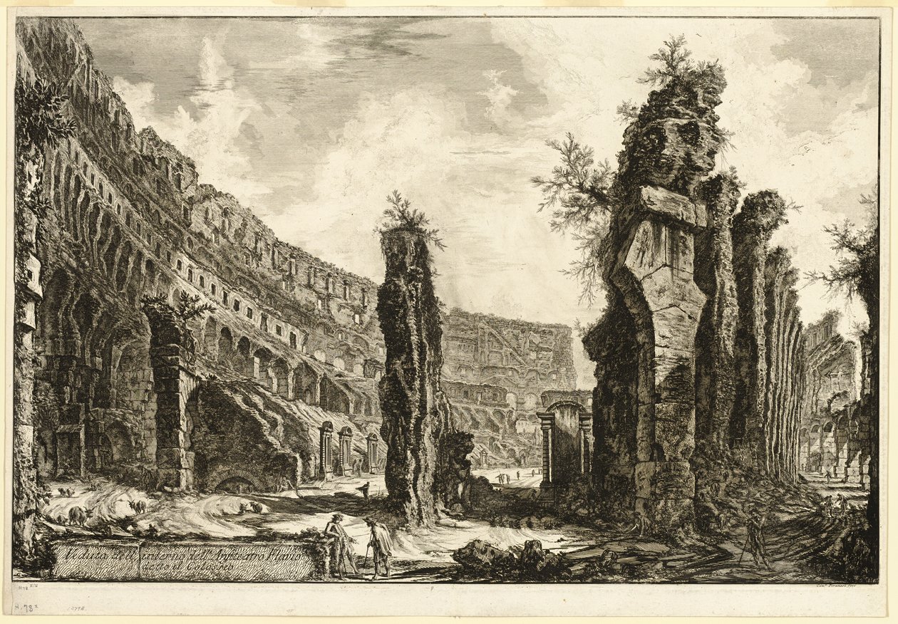 Innenansicht des Flavischen Amphitheaters, genannt das Kolosseum, aus Ansichten von Rom von Giovanni Battista Piranesi