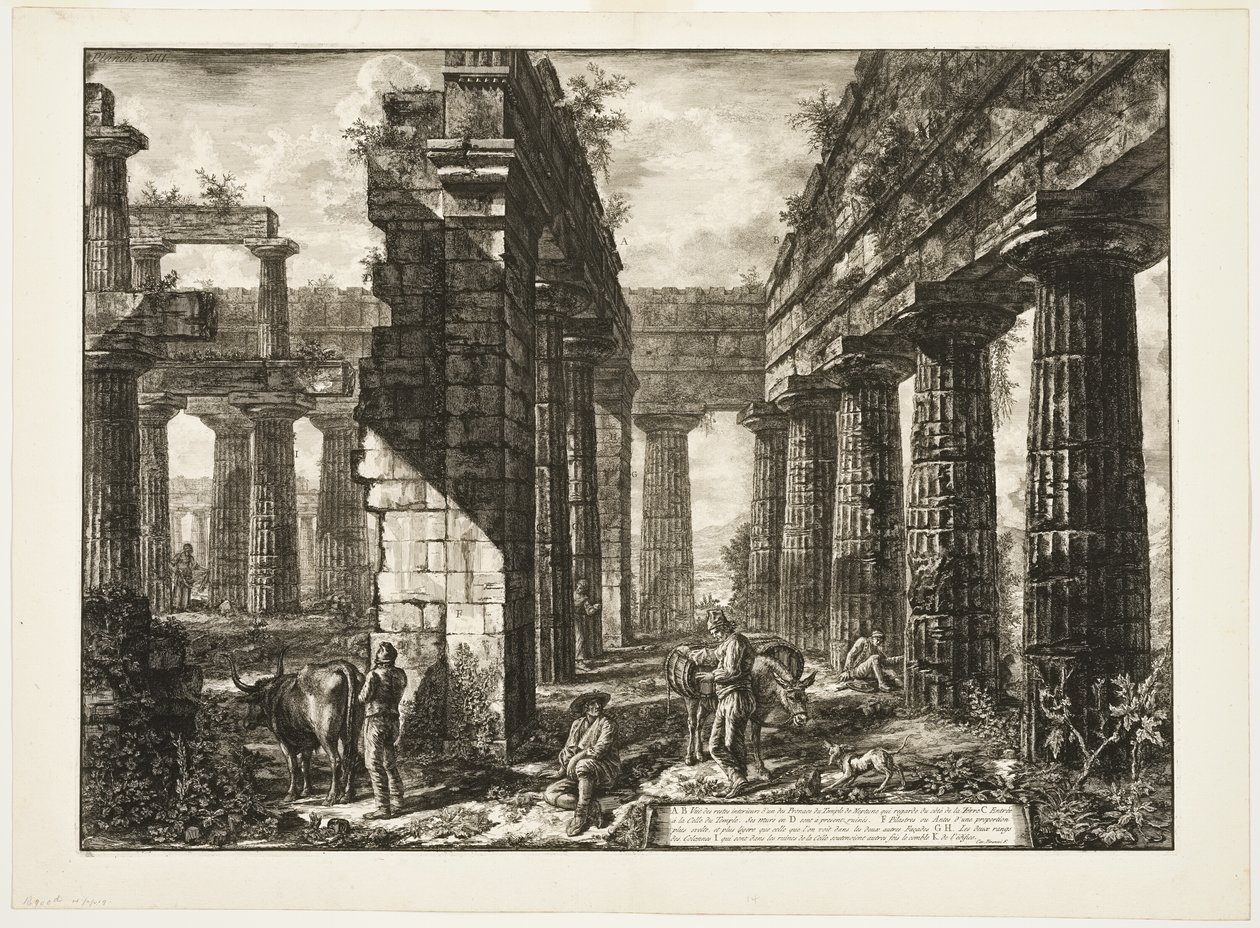 Innenansicht der Überreste eines der Pronaoi des Neptuntempels, der landeinwärts gerichtet ist, aus Verschiedene Ansichten von Paestum von Giovanni Battista Piranesi