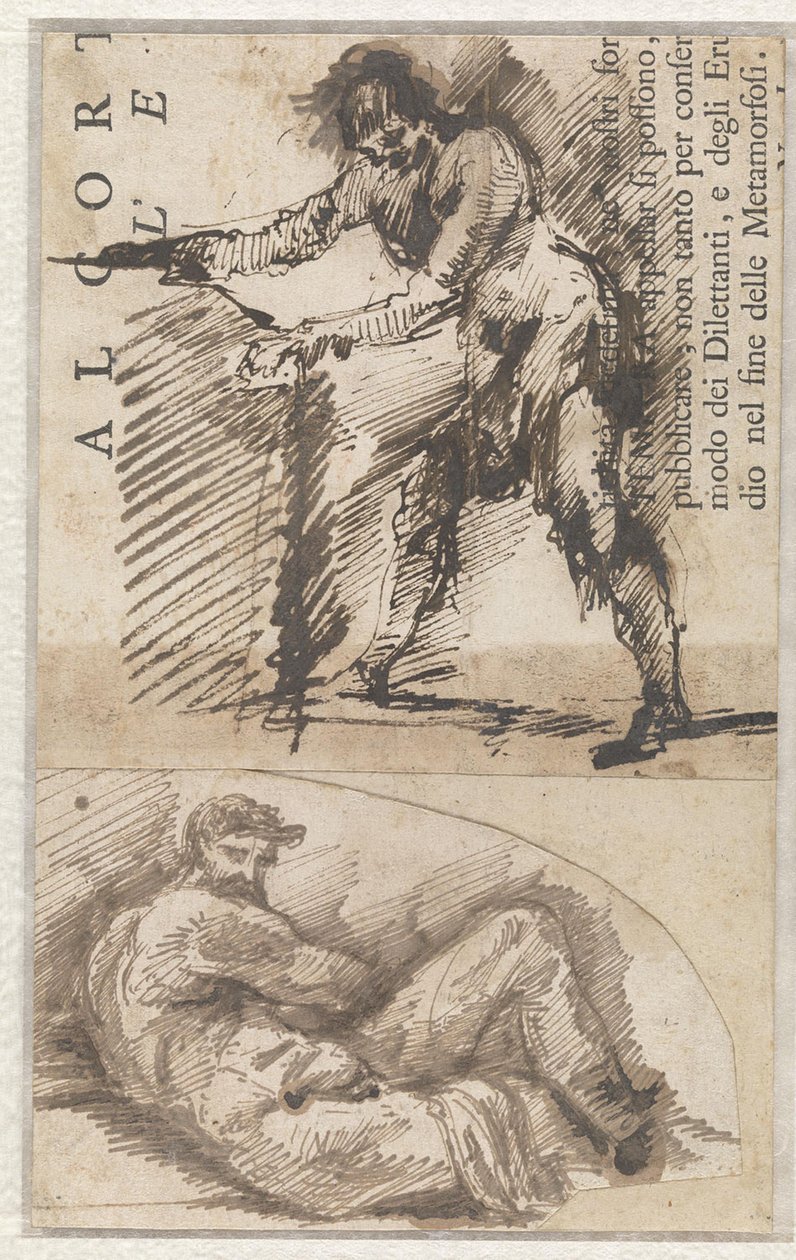 Studie einer stehenden Männerfigur, die ein Fundament misst (a). Studie nach il Giorno von Michelangelo (b) von Giovanni Battista Piranesi