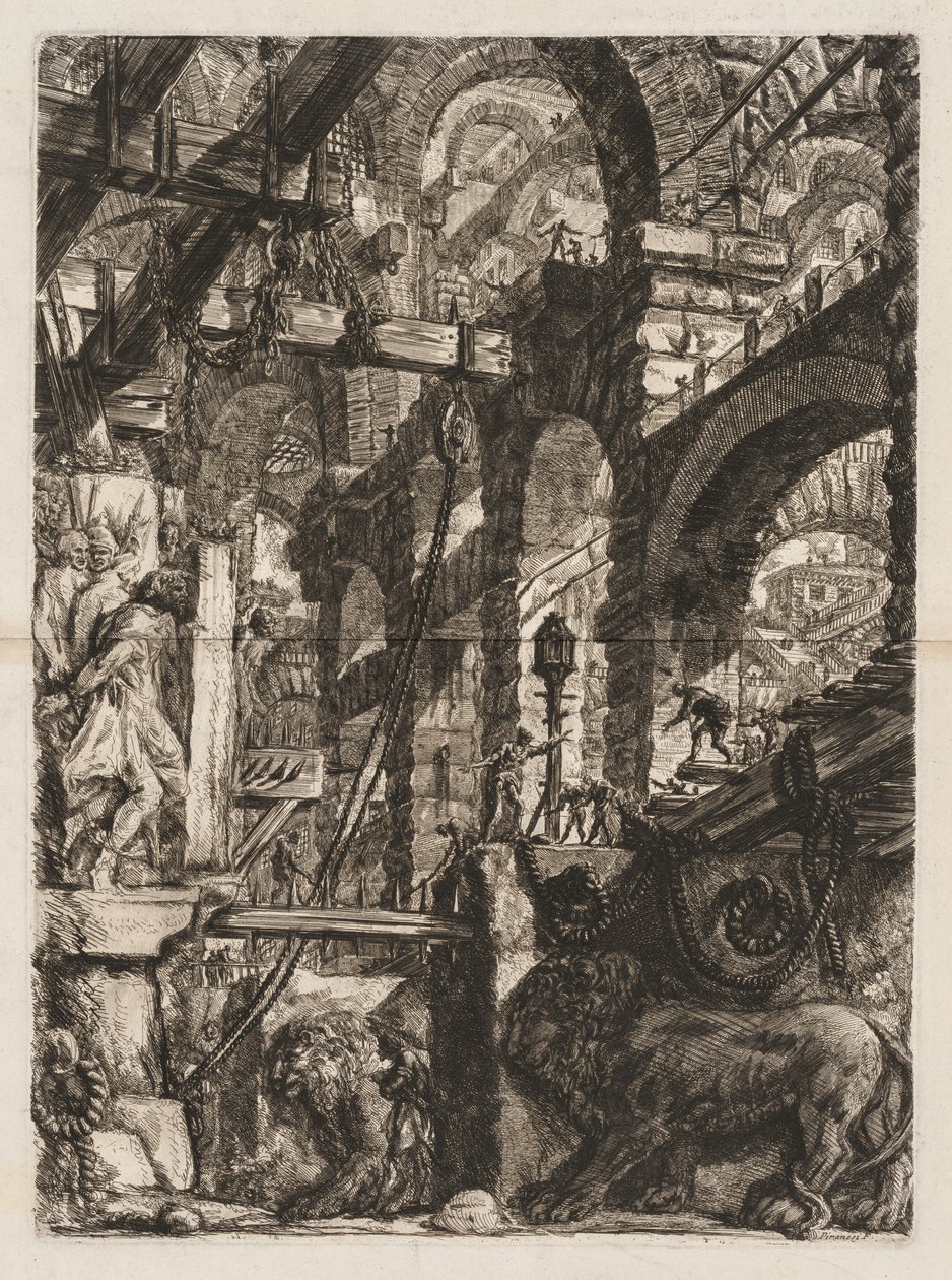 Die Gefängnisse: Eine Perspektive römischer Bögen, mit zwei in Relief geschnitzten Löwen, 1745-50 von Giovanni Battista Piranesi