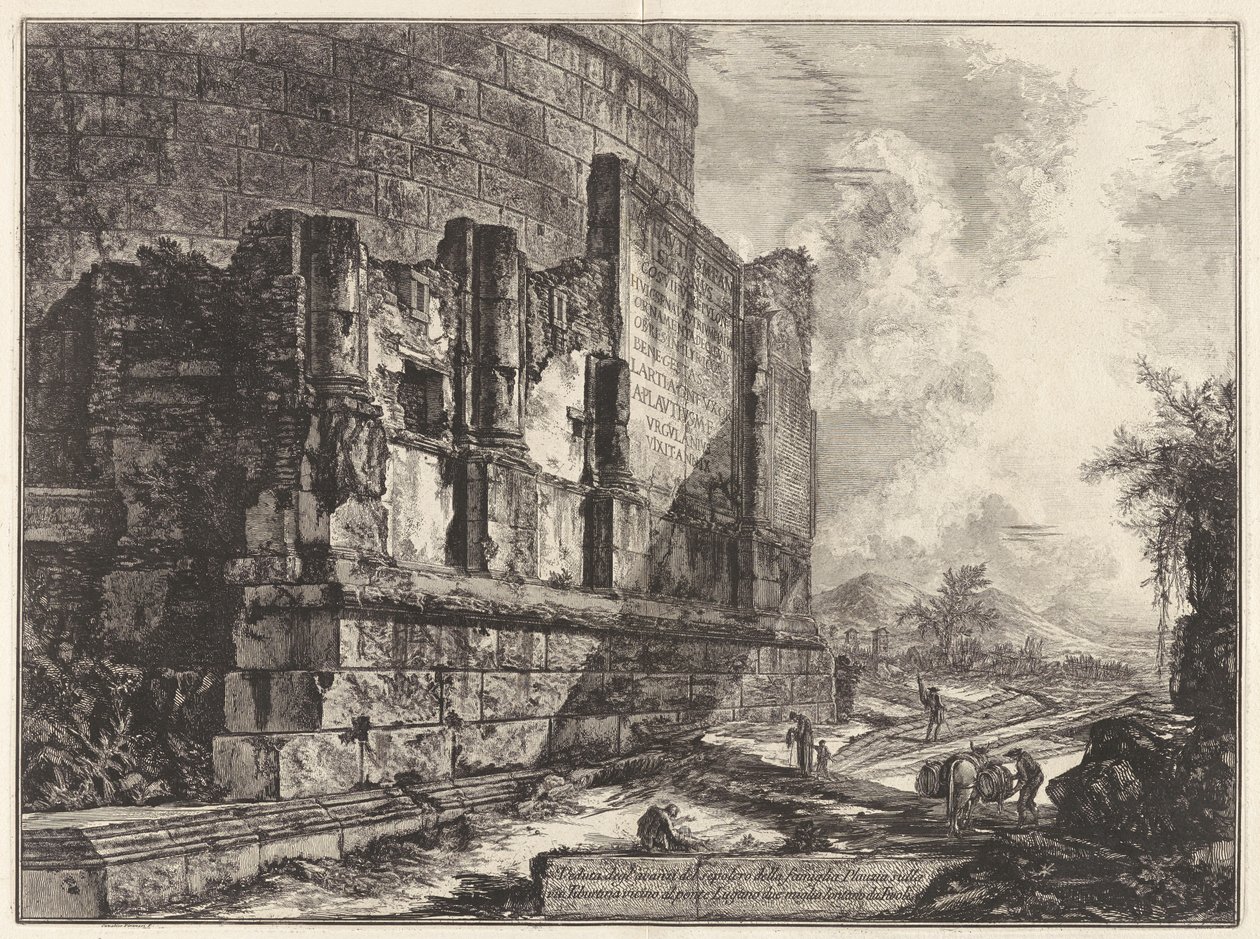 Ansicht der Überreste des Grabmals der Familie Plauzia an der Via Tiburtina nahe der Ponte Lugano, zwei Meilen von Tivoli entfernt, aus Vedute di von Giovanni Battista Piranesi