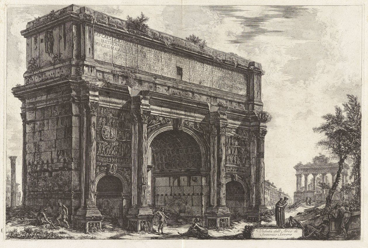 Ansicht des Septimius-Severus-Bogens (mit dem Saturntempel im Hintergrund), aus „Ansichten von Rom“ von Giovanni Battista Piranesi