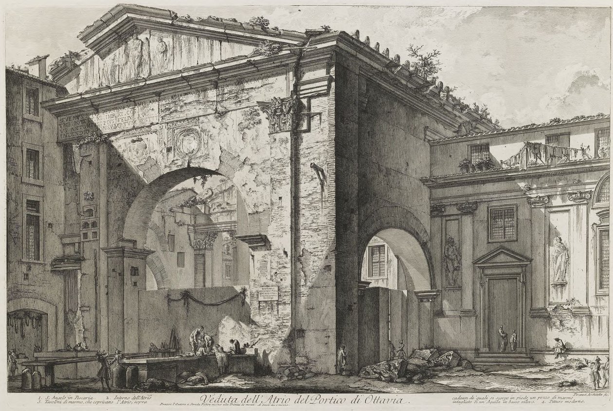 Ansicht des Atriums des Portikus der Ottavia (Der Portikus der Ottavia: Der Eingangsvorbau, außen) von Giovanni Battista Piranesi