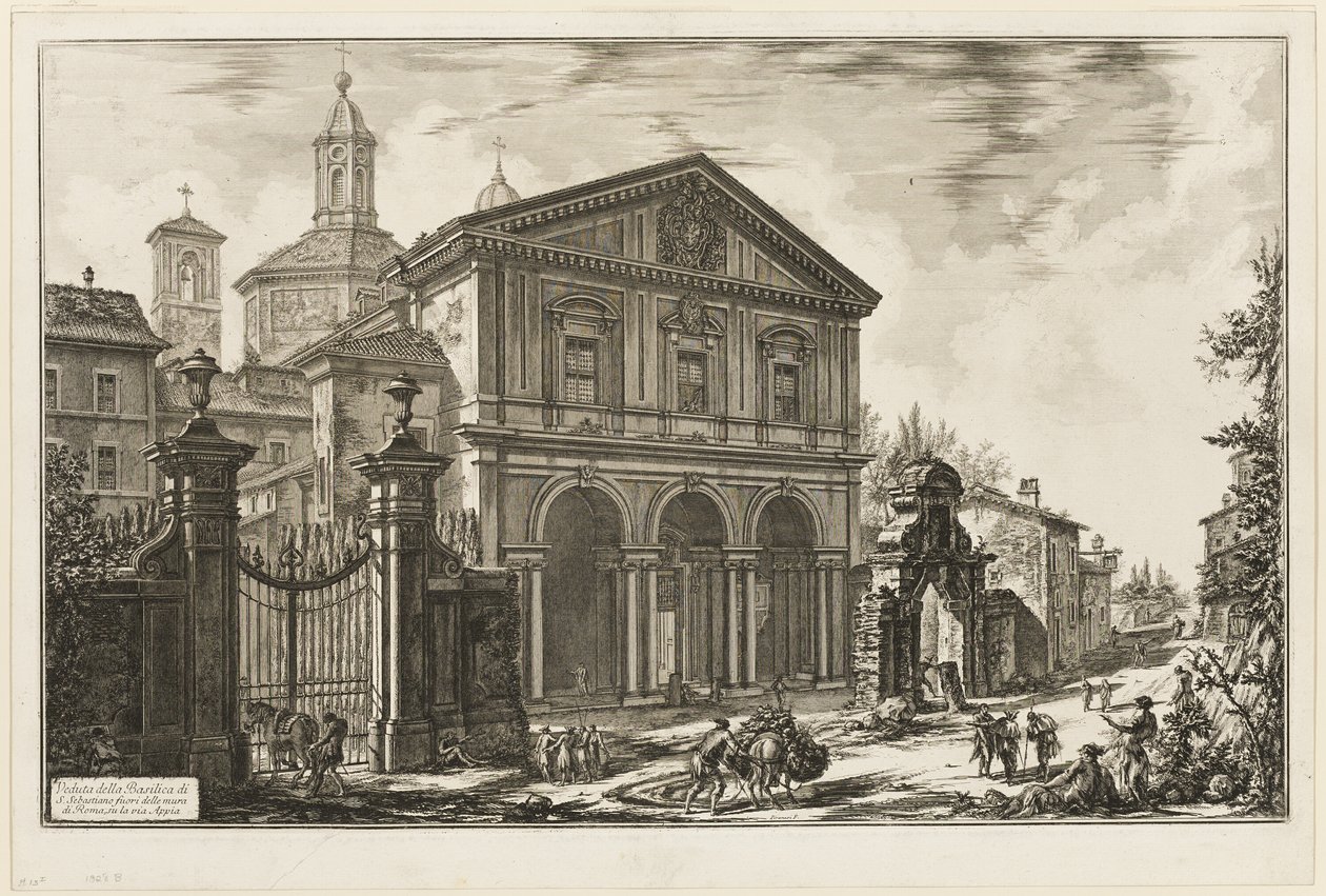 Ansicht der Basilika San Sebastiano fuori delle mura [St. Sebastian außerhalb der Mauern] an der Via Appia, aus Ansichten von Rom von Giovanni Battista Piranesi