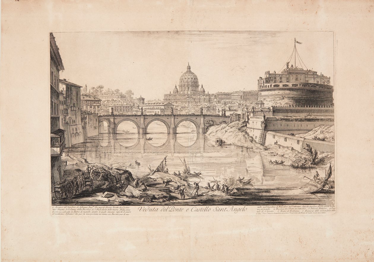 Ansicht der Brücke und der Engelsburg (des Hadriansmausoleums), im Vordergrund Boote auf dem Tiber und im Hintergrund die Kuppel des Petersdoms von Giovanni Battista Piranesi