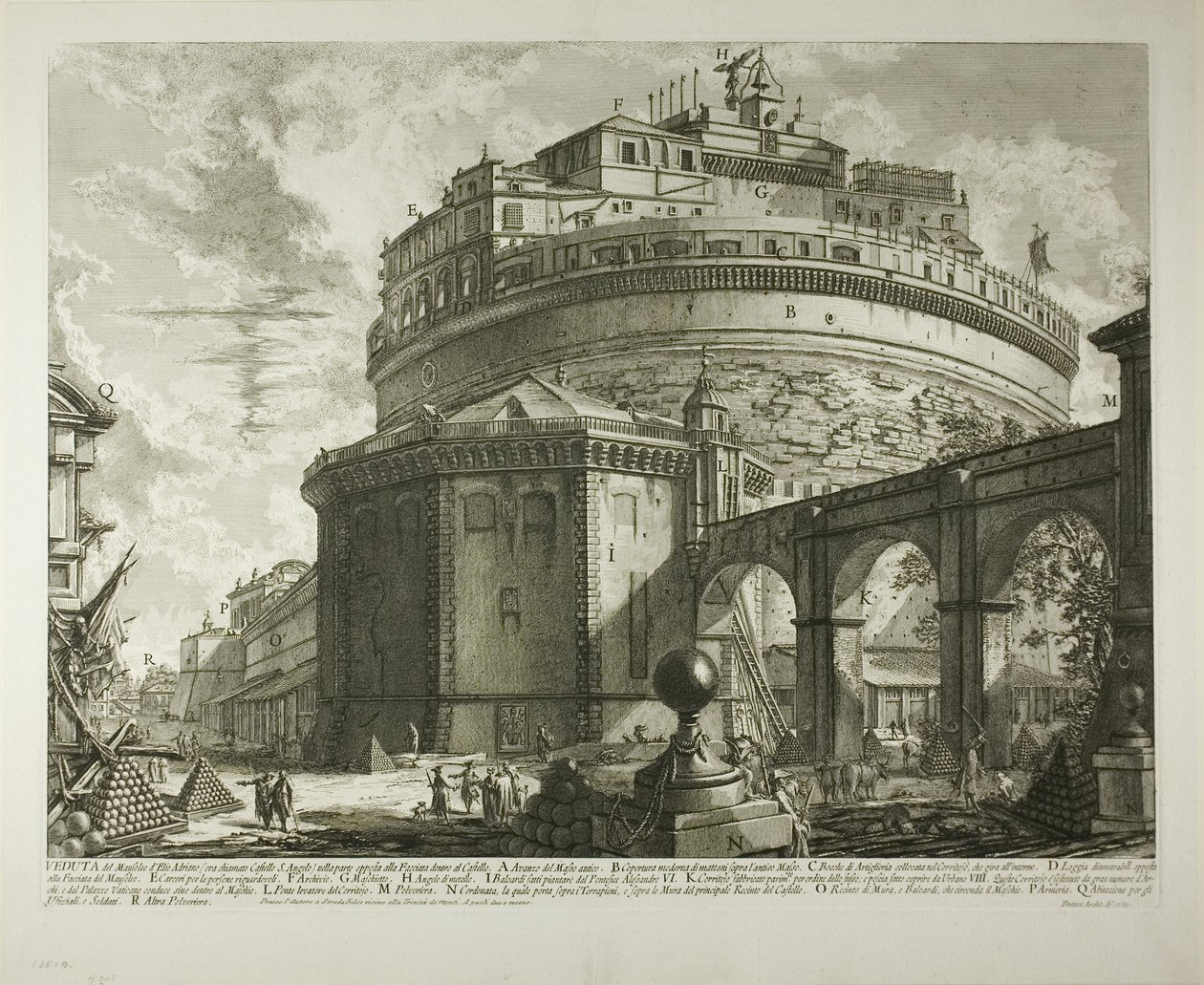 Ansicht des Mausoleums des Kaisers Hadrian (heute Castel Sant’Angelo) von hinten, aus Vedute di Roma (Ansichten von Rom) von Giovanni Battista Piranesi