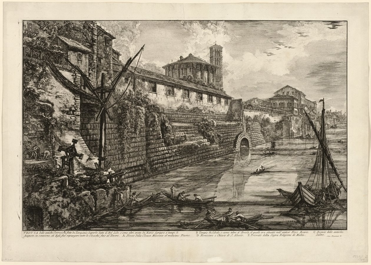 Ansicht der antiken Struktur, die von Tarquinius Superbus gebaut wurde, genannt Bel Lido, und wie andere von Marcus Agrippa zur Zeit des Augustus gebaut, als er alle Abwasserkanäle zum Tiber reinigte, aus Ansichten von Rom von Giovanni Battista Piranesi