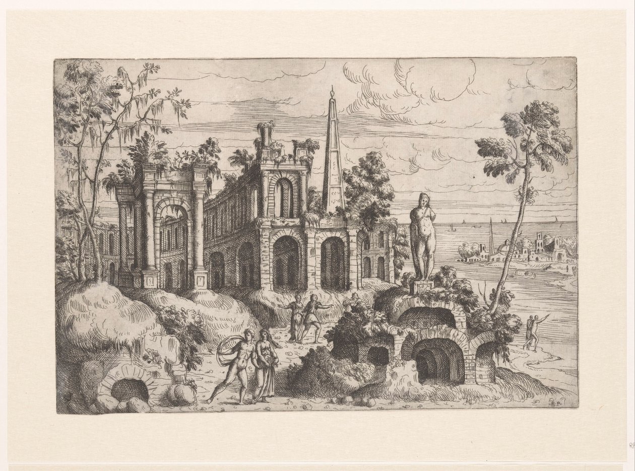 Landschaft mit antiken Ruinen, Skulptur und Obelisk (Landschaften mit Ruinen) von Giovanni Battista Pittoni (I)