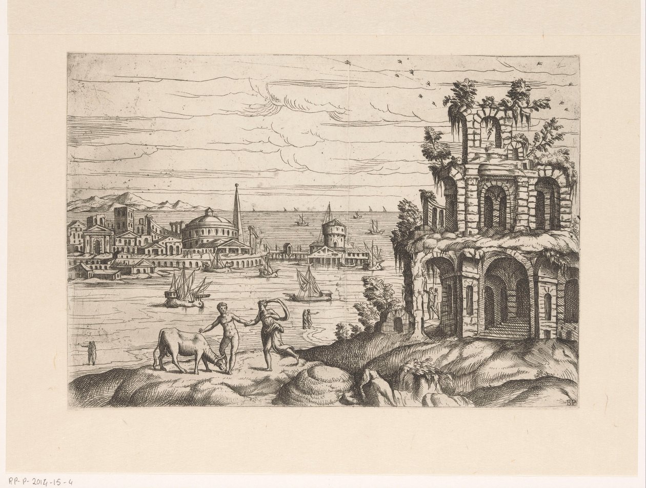 Stadtansicht mit Ruinen und Fantasie-Architektur am Wasser von Giovanni Battista Pittoni (I)