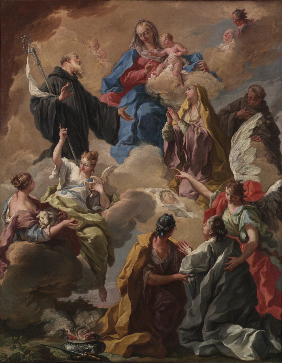 Heilige präsentieren eine fromme Frau der Jungfrau und dem Kind, 1720er von Giovanni Battista Pittoni