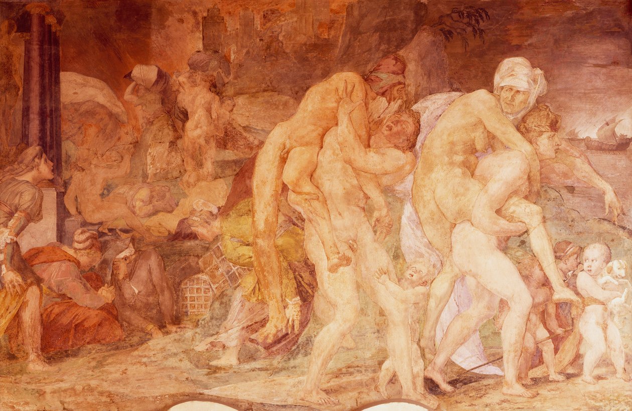 Die Zwillinge von Catania, Anfinomo und Anapio, Fresko in der Galerie von Franz I. im Schloss Fontainebleau, Frankreich (UNESCO-Weltkulturerbe) von Giovanni Battista Rosso Fiorentino