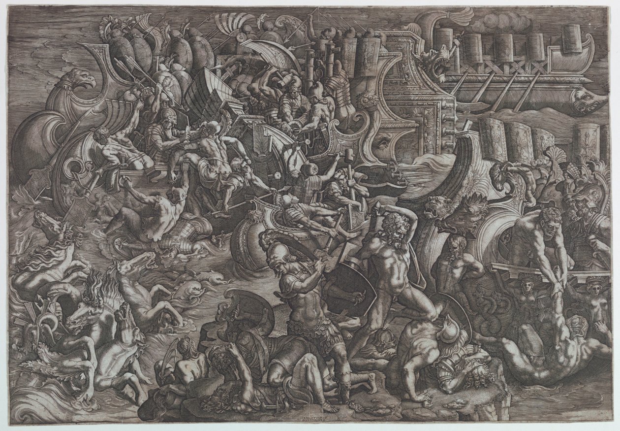 Seeschlacht zwischen Griechen und Trojanern von Giovanni Battista Scultori