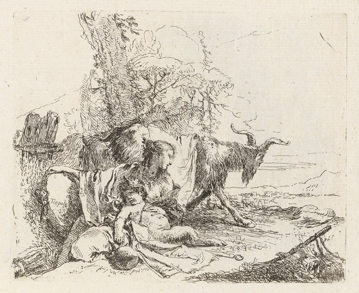 Eine Nymphe mit einem kleinen Satyr und zwei Ziegen, aus Vari capricci (Verschiedene Capriccios) von Giovanni Battista Tiepolo