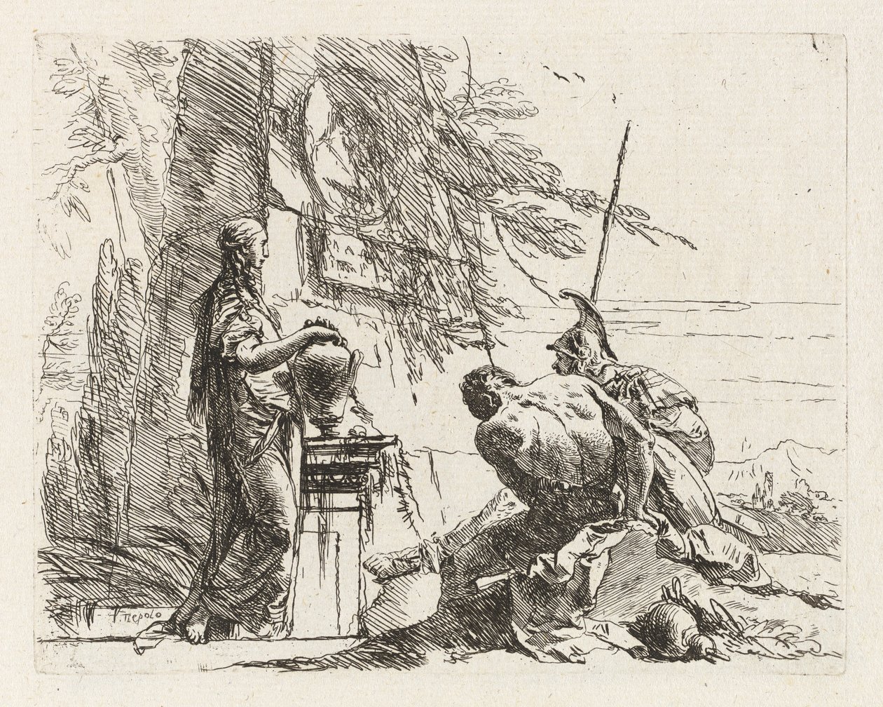 Eine Frau mit den Händen auf einer Vase, ein Soldat und ein Sklave, aus Vari capricci von Giovanni Battista Tiepolo