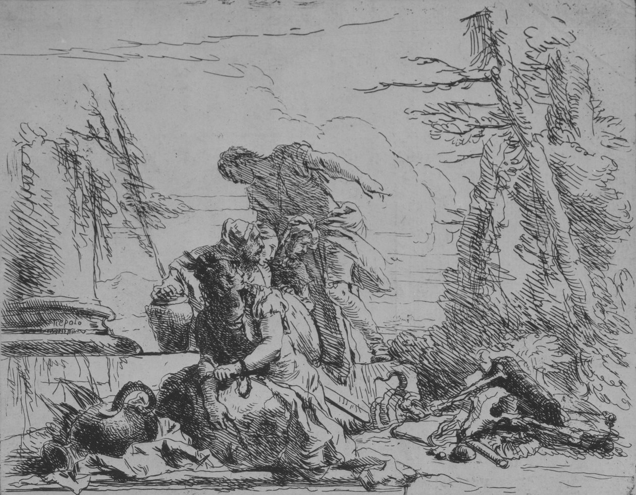 Gefesselte Frau und andere Figuren, die einen Scheiterhaufen von Knochen betrachten, aus den Capricci, 1743 von Giovanni Battista Tiepolo