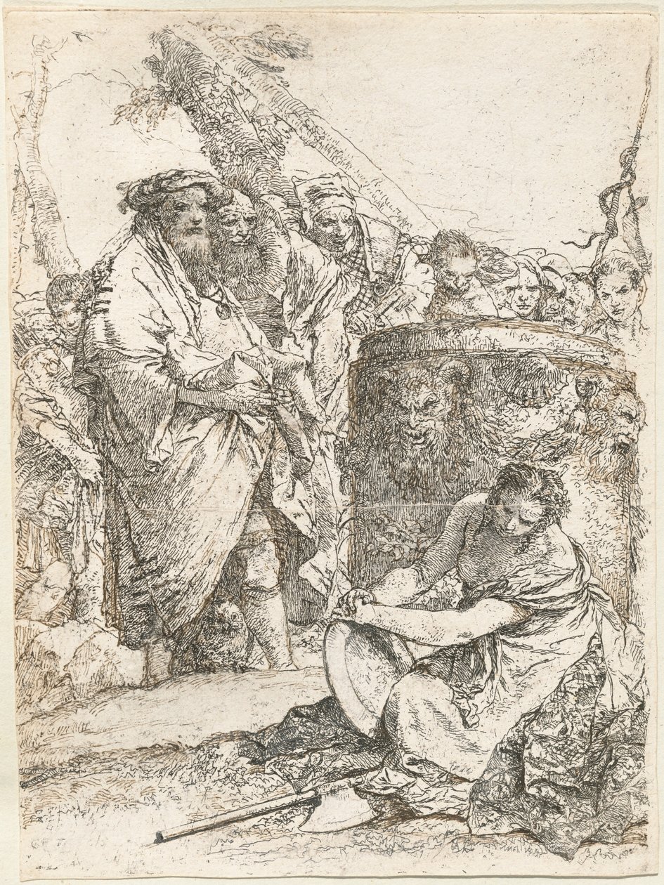 Magier und andere Figuren vor einem brennenden Altar mit Schädel und Knochen von Giovanni Battista Tiepolo