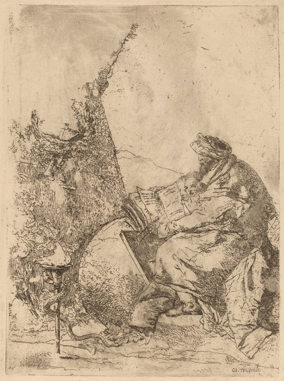 Philosoph sitzt mit Globus, Buch und Kompass von Giovanni Battista Tiepolo