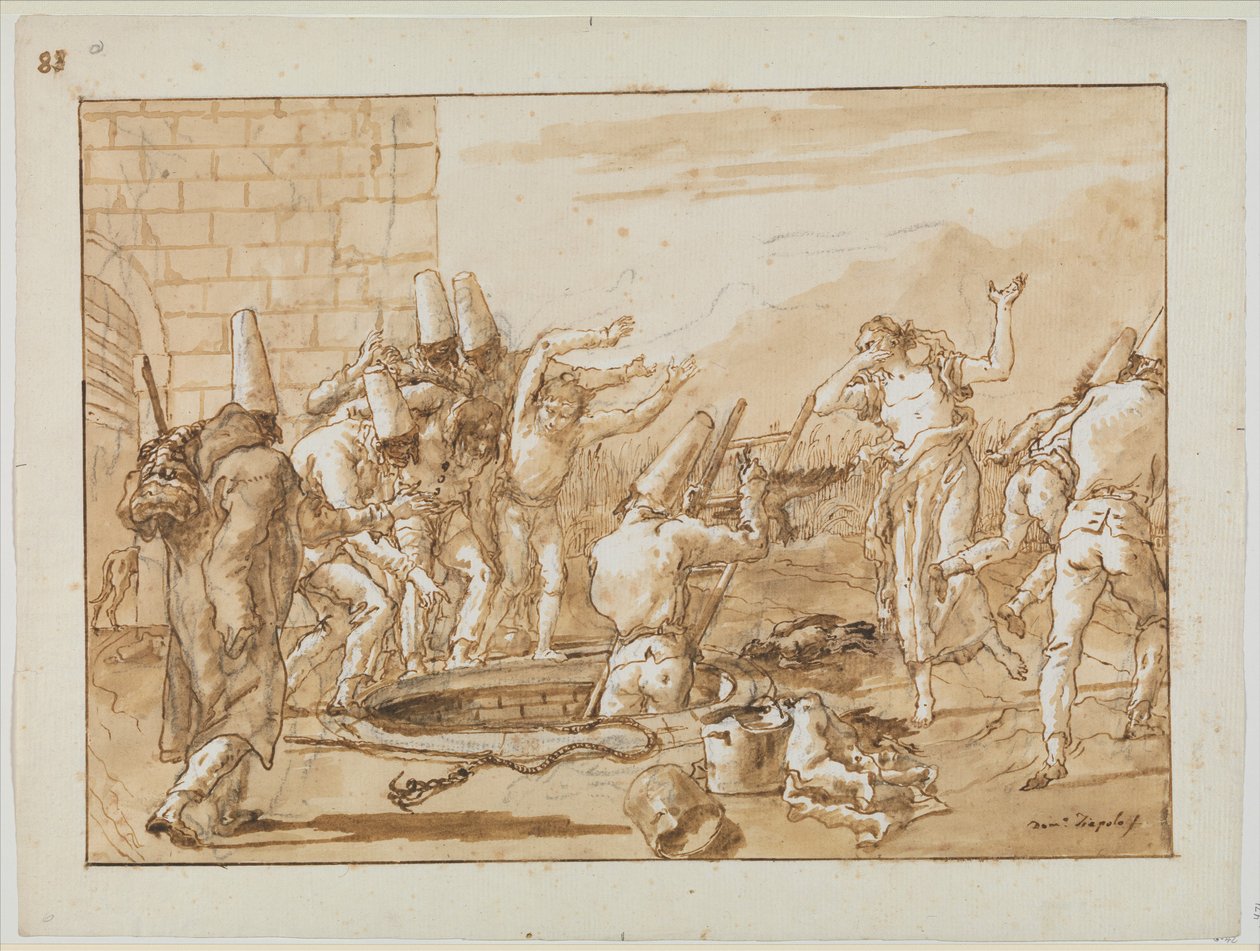 Punchinello holt tote Vögel aus einem Brunnen von Giovanni Battista Tiepolo