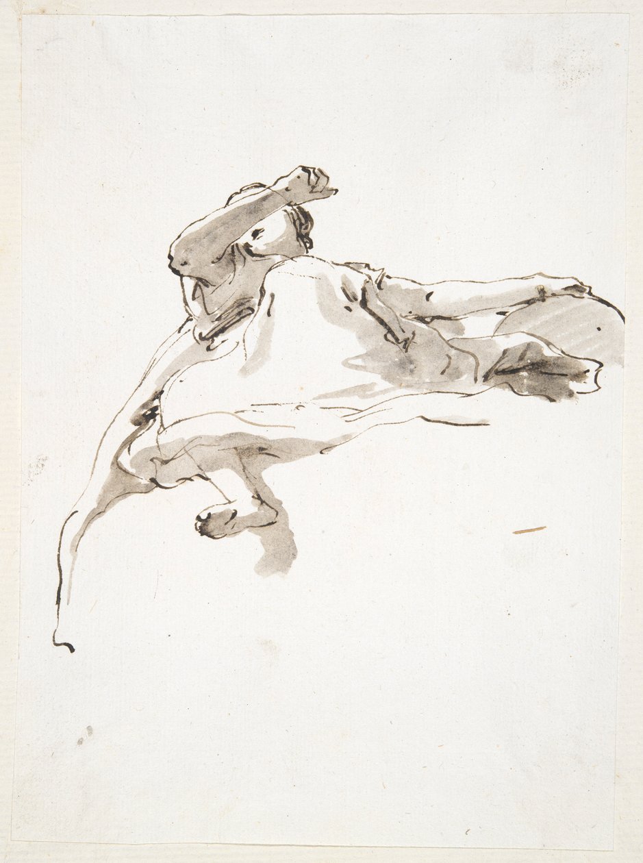 Liegende weibliche Figur, linke Hand auf Globus ruhend, rechter Arm vor dem Gesicht erhoben, von unten gesehen von Giovanni Battista Tiepolo