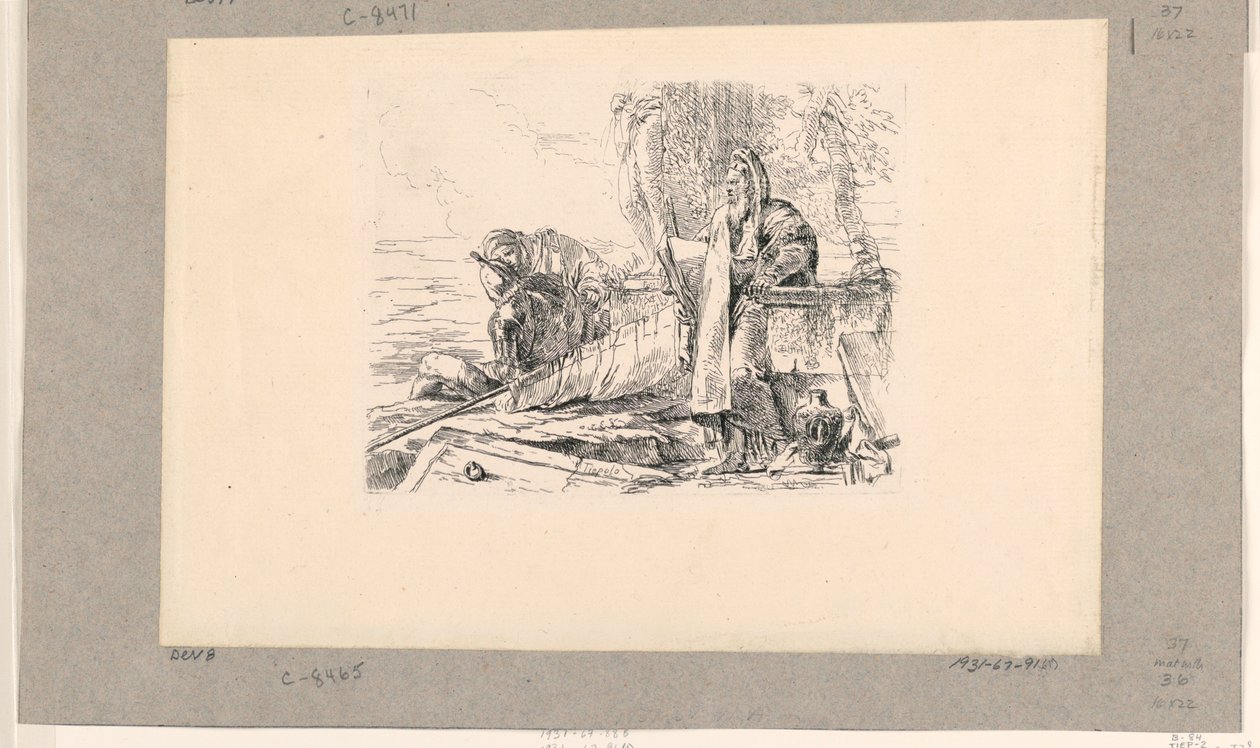 Stehender Magier, sitzender Soldat und ein Mann, aus den Vari Capricci von Giovanni Battista Tiepolo