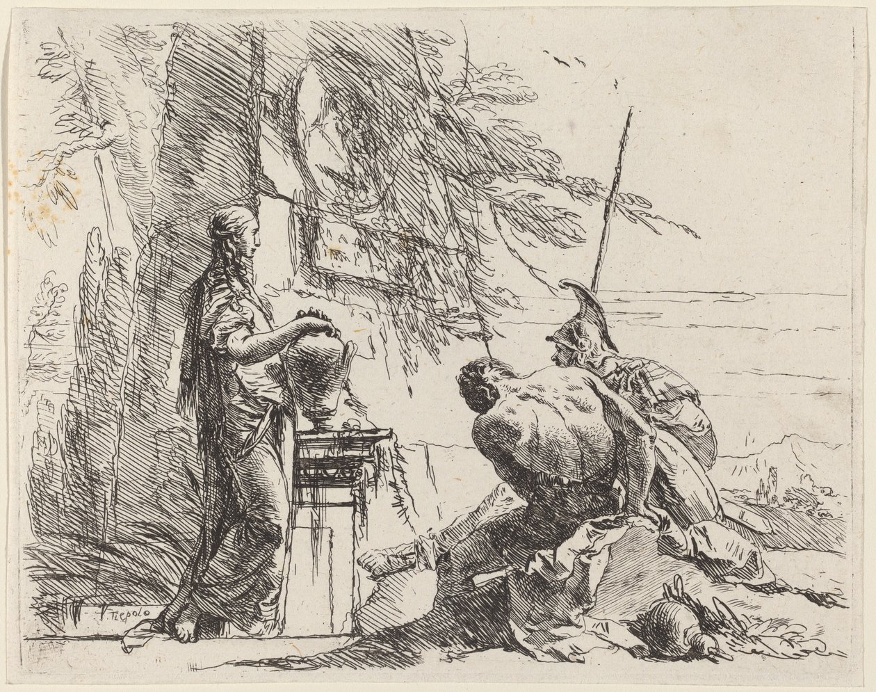 Stehende Frau und sitzende Männer vor einem Obelisken von Giovanni Battista Tiepolo