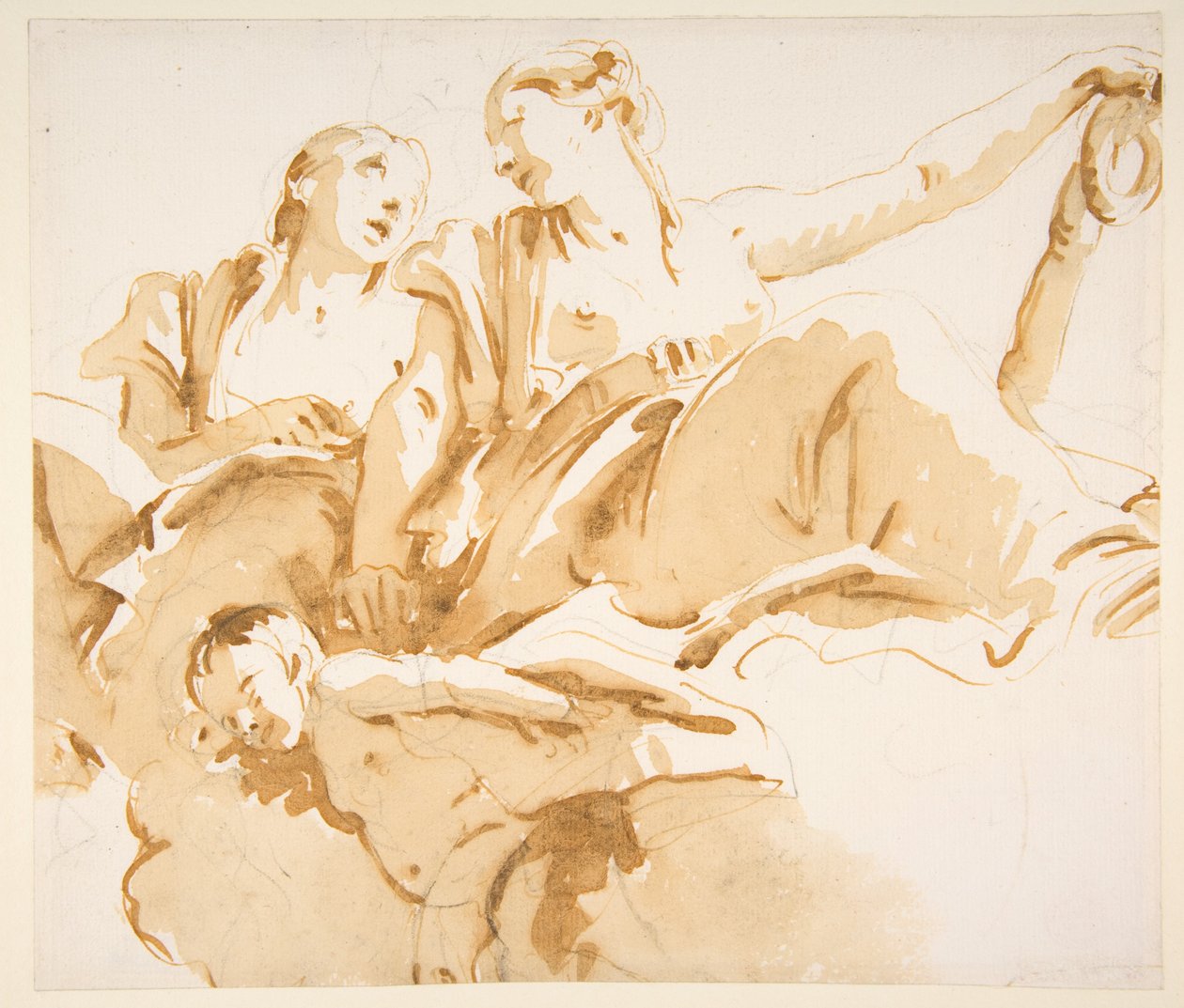 Zwei Frauen, eine hält einen Anker, und ein Putto auf Wolken von Giovanni Battista Tiepolo