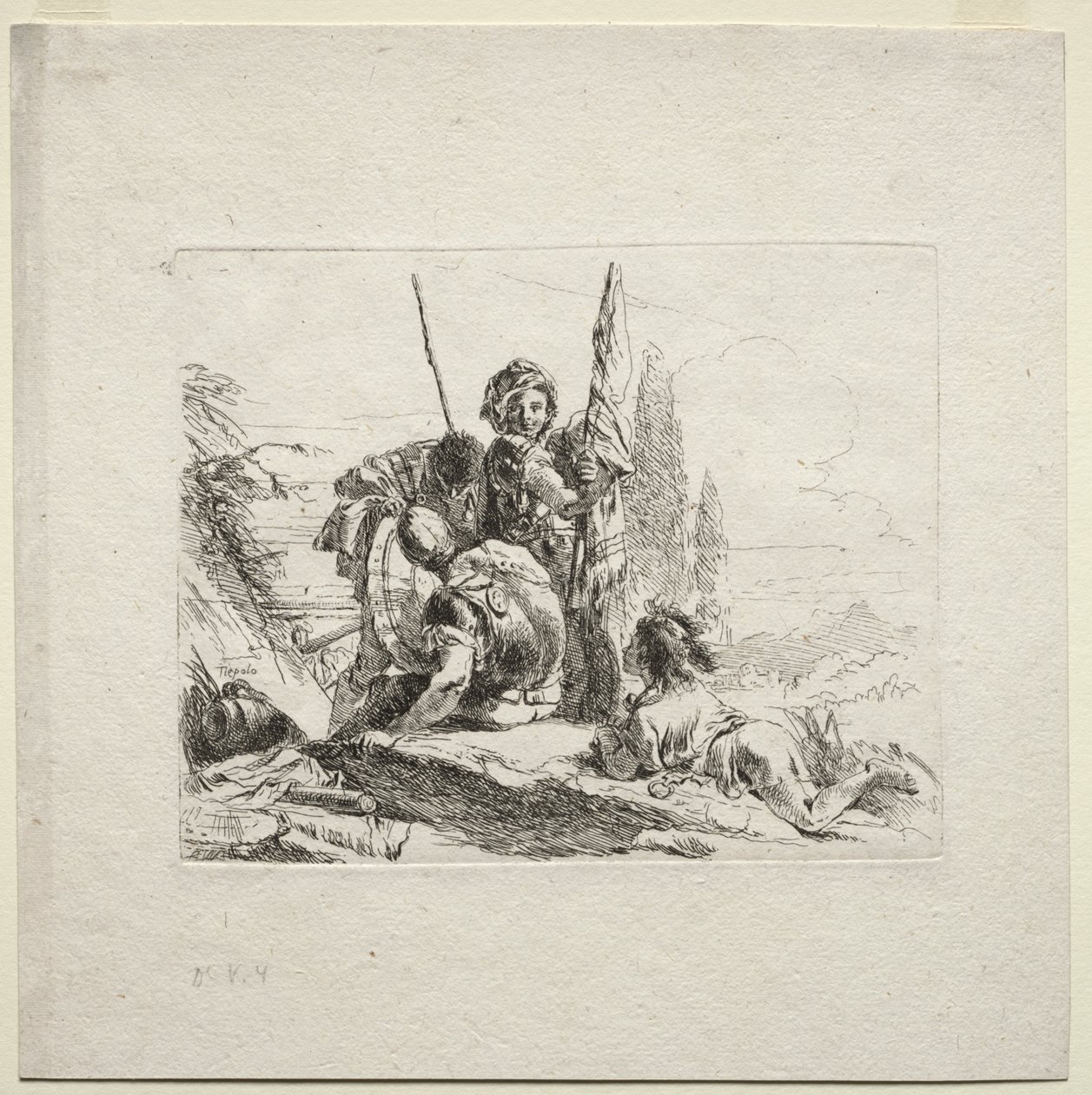 Verschiedene Kaprizen: Die drei Soldaten und der Junge von Giovanni Battista Tiepolo